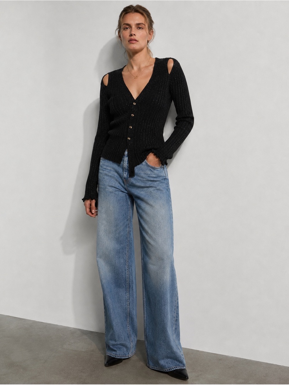 Designer Rib Knit Asymmetrical Cardigan with Lurex Knit and Gold Buttons
